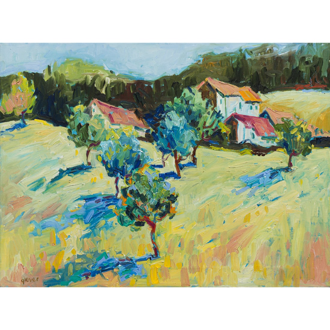 Painting, Pam Glover: Pam Glover (American, 1924-2010), California Scene, oil on canvas, signed lower left, canvas: 18"h x 24"w, overall (with frame): 19"h x 25"w