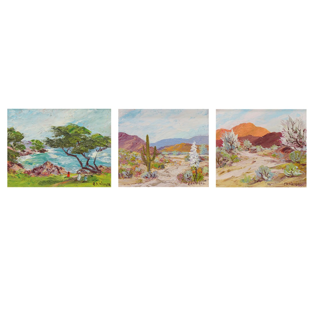 Paintings, Charles Alfred Weigel: (lot of 3) Charles Alfred Weigel (American, 1883-1964), "The Famed Cypress on Monterey Peninsula," "When the Yucca Blooms, Near 29 Palms," and "Sunlight and Shadow, Desert Near 29 Palms," each oil on