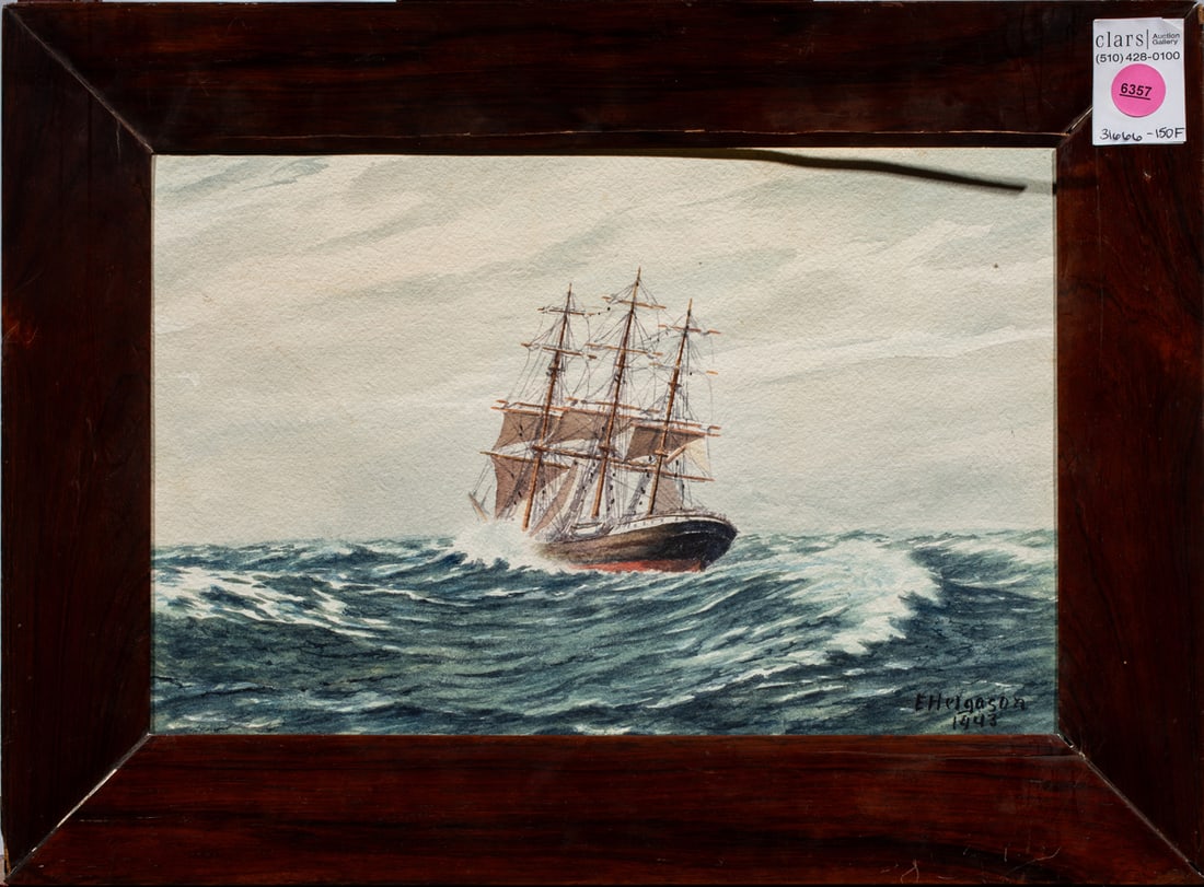 Watercolor, Icelandic School (20th century: Icelandic School (20th century), Ship in Rough Seas, 1943, watercolor, signed "E. Helgason" and dated lower right, overall (with frame): 12.5"h x 17"w