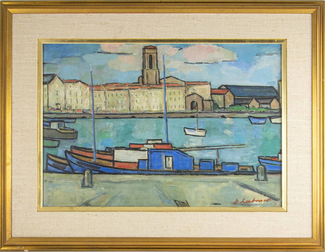 Painting, Emilie Lahner: Emilie Lahner (French, 1893-1980), "La Rochelle," 1960, oil on canvas, signed lower right, gallery label (Laky Gallery, Carmel, CA) affixed verso, canvas: 15"h x 21.5"w, overall (with frame): 22.5"h