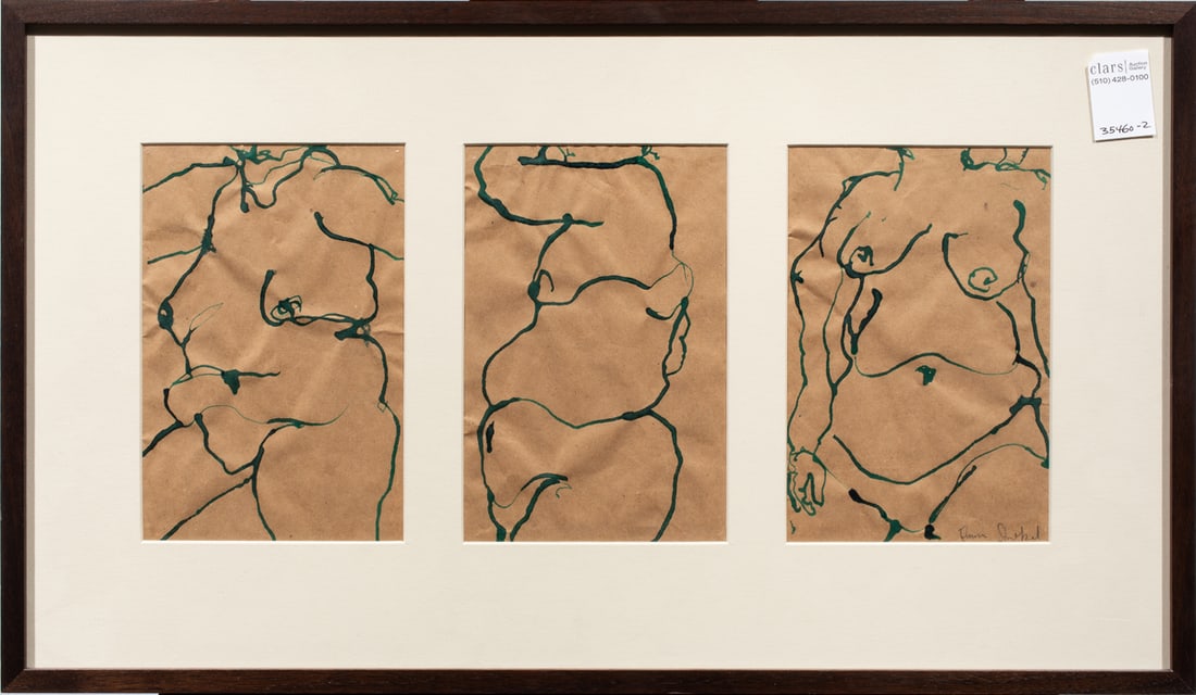 Drawings, Emma Strebel: Emma Strebel (American, 21st century), "Tryptic Nudes," ink on paper (triptych), one signed lower right, sight (each): 8"h x 5 1/2"w, overall (with frame): 14.25"h x 24"w. Provenance: Michael W.