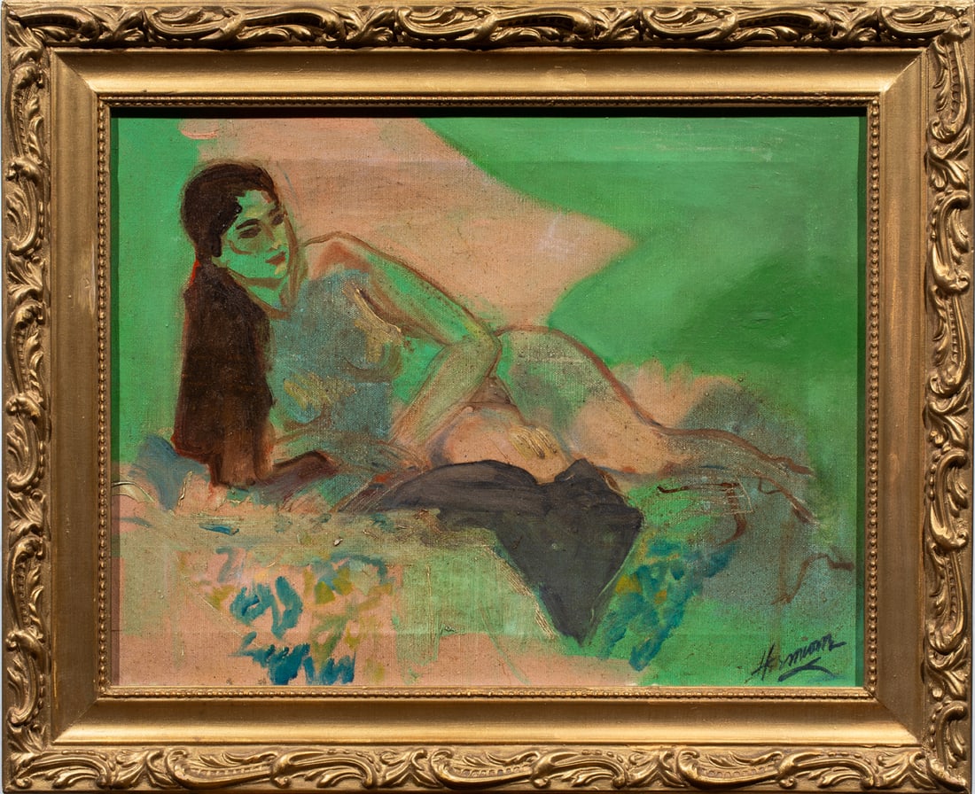 Painting, American School (20th century): American School (20th century), "Study of Nude," oil on canvas, signed "Hermione" lower right, titled verso, canvas: 14"h x 18"w, overall (with frame): 18.25"h x 22"w