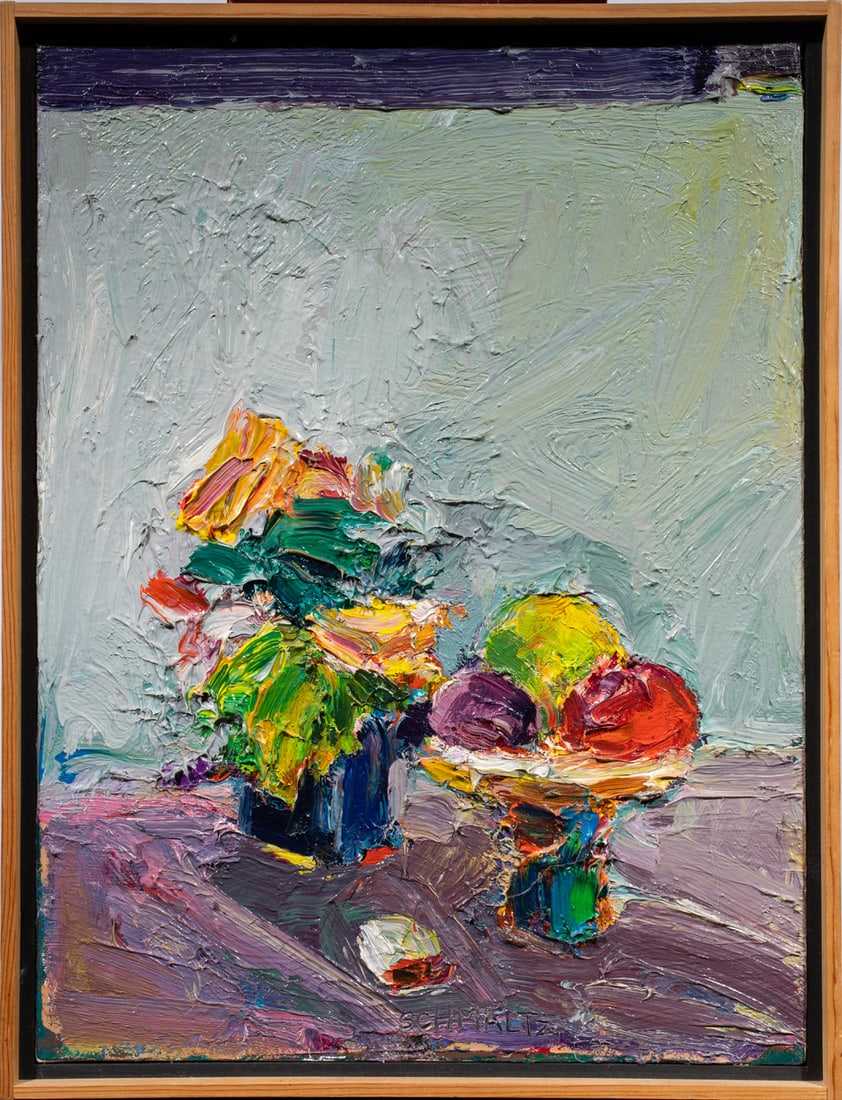Painting, Roy Schmaltz: Roy Schmaltz, (American, 20th century), "Bouquet with Fruit," 1993, oil on canvas, signed and dated lower center, titled on stretcher, gallery label (Contemporary Realist Gallery, San Francisco, CA)