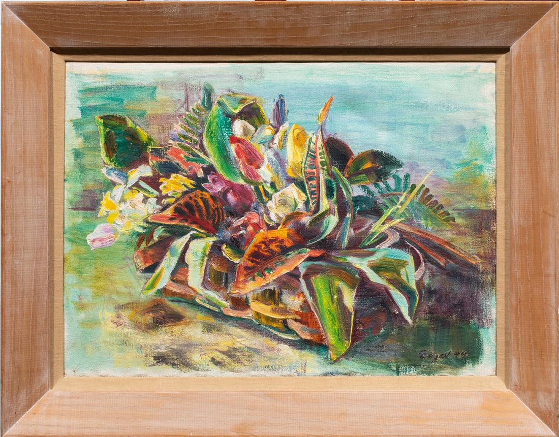 Painting, Irma Leisinger Engel Grabhorn: Irma Leisinger Engel Grabhorn (American, 1908-2003), "Spring Flowers in Basket," 1949, oil on canvas, signed 'Engel' and dated '49' lower right, titled on label (affixed to stretcher), canvas: 19" x