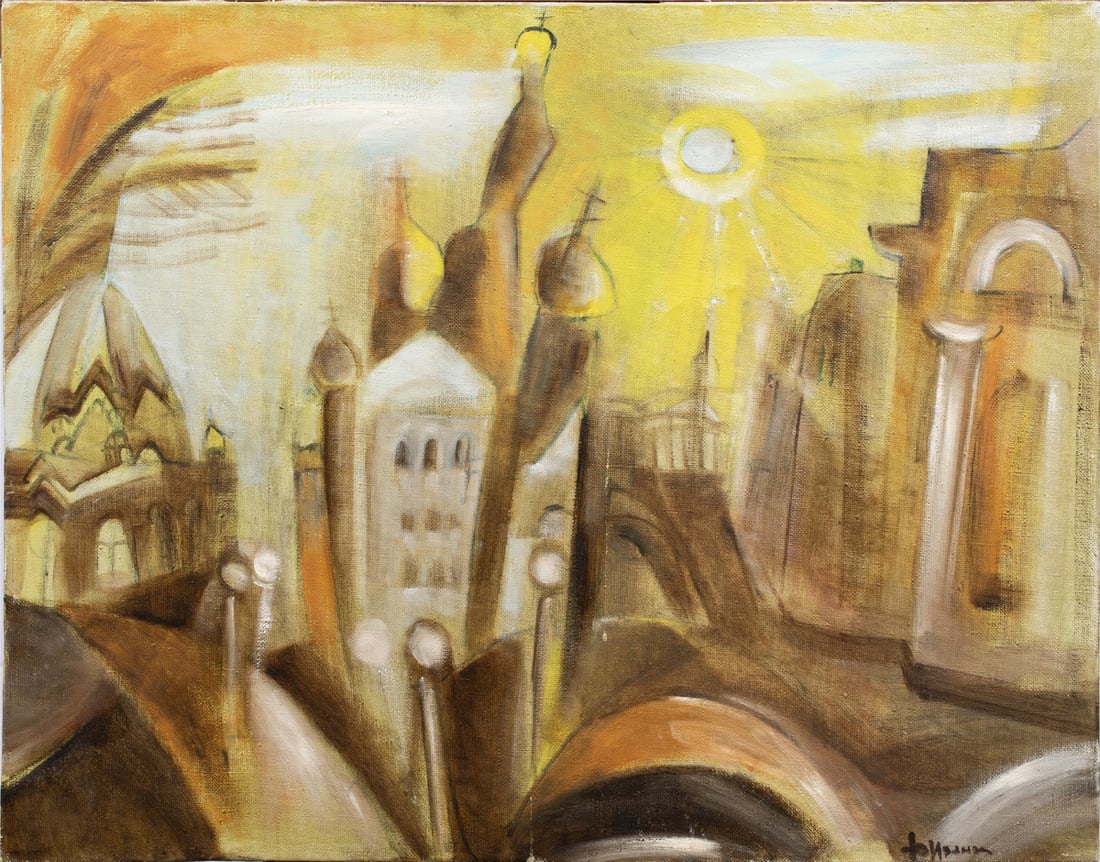 Painting, Yulia Ivanova: Yulia Ivanova (French/Russian, 20th century), "City," circa 1990, oil on canvas, signed in Cyrillic lower right, titled in Cyrillic on label affixed verso, canvas (unframed): 27.5"h x 35.5"w. Note: A