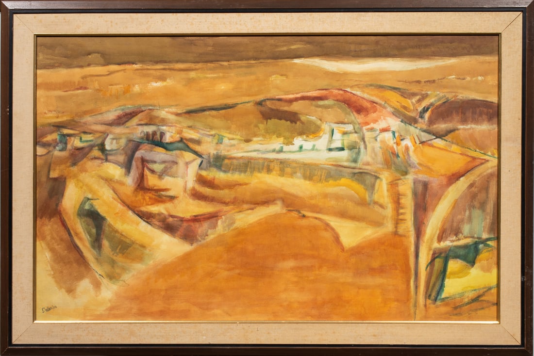 Watercolor, Filomena Joan Dellaripa: Filomena Joan Dellaripa (American, 1922-1990), Untitled (Desert Scene), watercolor and crayon on paper, signed lower left, overall (with frame): 37"h x 54.5"w