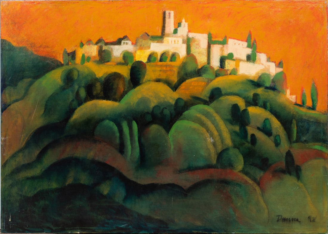 Painting, Kathleen Dunne: Kathleen Dunne (American, b. 1933), "St. Paul Devence," 1998, oil on canvas, signed and dated lower right, titled and dated verso, canvas (unframed): 41"h x 56.75"w