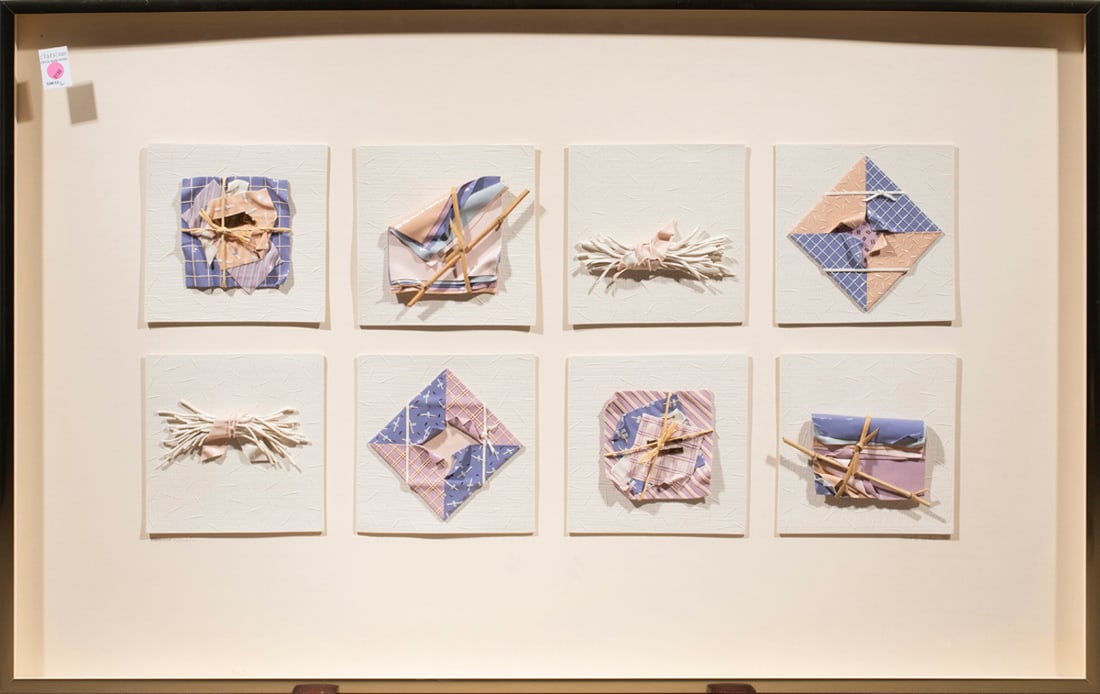 Mixed Media, Carole Aoki: Carole Aoki (American 1925-2006), "Bound Rituals," 1985, mixed media with ceramic, pencil signed and dated lower right, titled lower left, overall (with frame): 30.5"h x 48.5"w