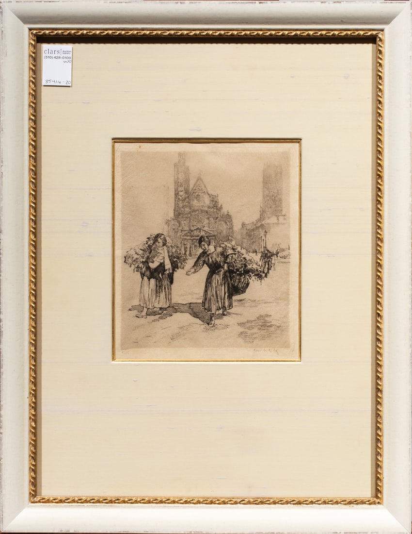 Print, Henri le Riche: Henri le Riche (French, 1868-1944), Untitled (Flower Vendors), etching, pencil signed lower right, edition 7/125, overall (with frame): 23"h x 17.75"w