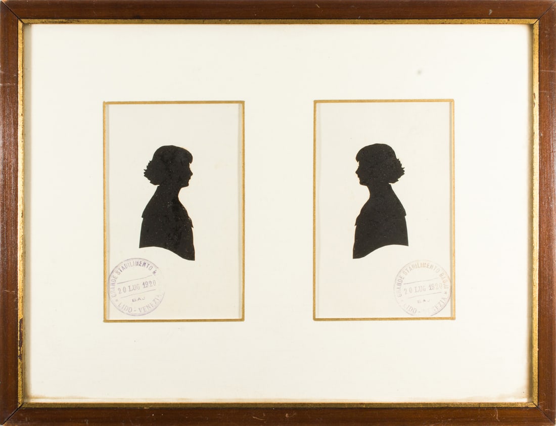 Silhouettes, European School (20th century): (lot of 2) European School (20th century), Pairs of Silhouettes (Young Girl/Young Boy), 1920, each stamped "Lido of Venezia" and dated, overall (with frame, for each): 10"h x 13"w