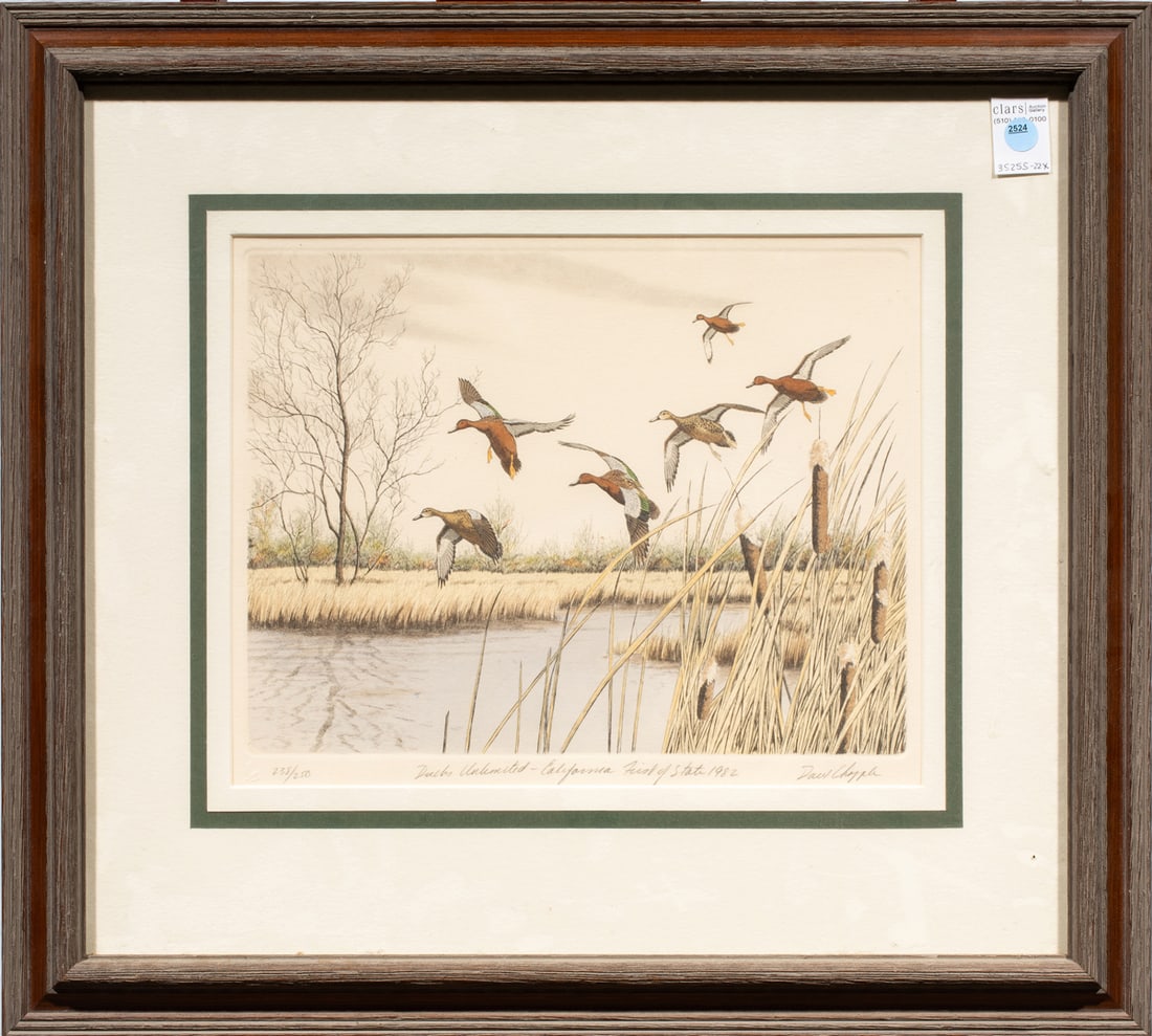 Print, David Chapple: David Chapple (American, 20th century), "Ducks Unlimited - California First of State," 1982, etching with aquatint, pencil signed lower right, titled and dated lower center, edition 238/250, overall