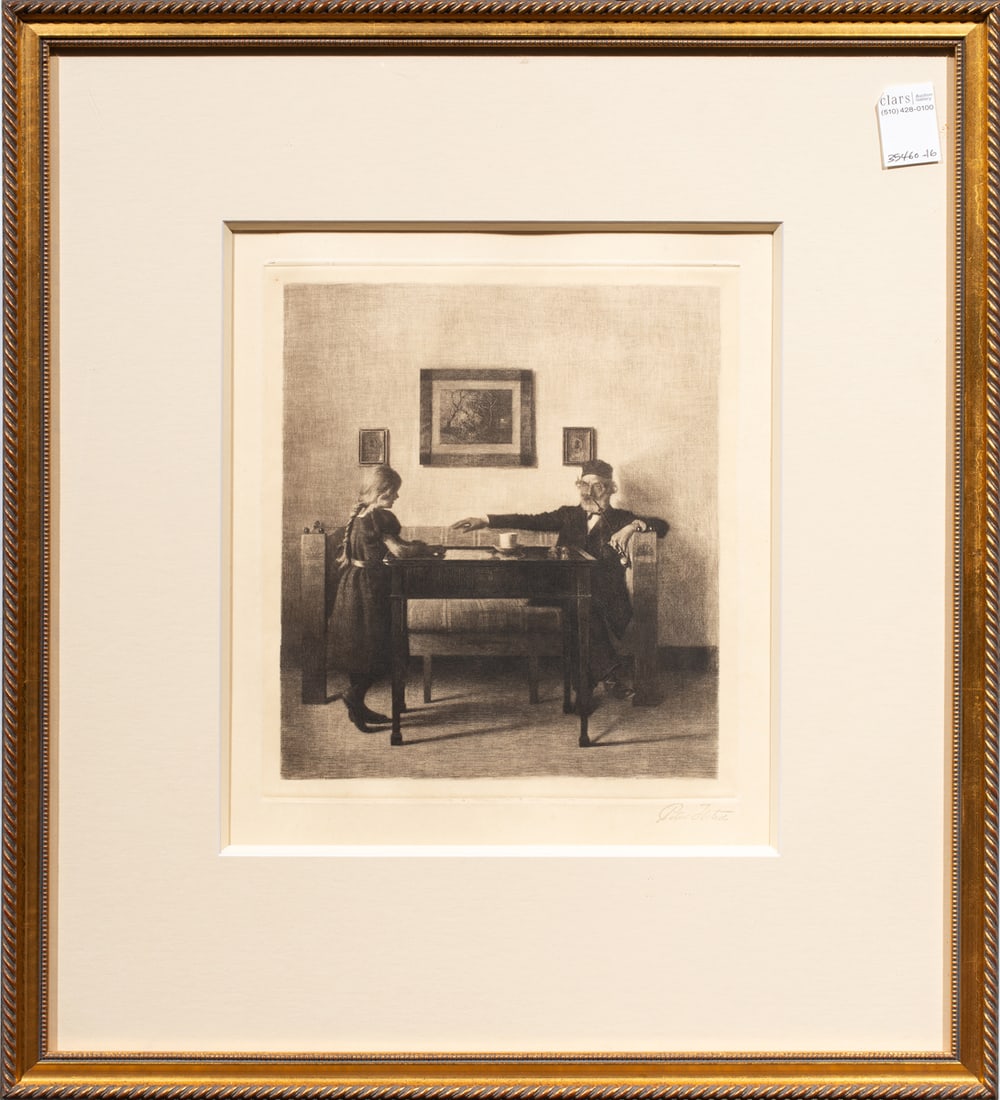 Print, Peter Ilsted: Peter Ilsted (Danish, 1861-1933), "At Grandfather's House," etching, stamped signature lower right, overall (with frame): 24.25"h x 22"w