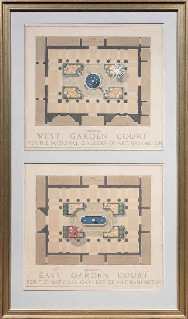 Watercolors, John Finley Kirkpatrick: John Finley Kirkpatrick (American, 1912-2002), Proposed East and West Gardens, National Gallery of Art, Washington, two watercolors, overall (with frame): 46.25"h x 27.75"w