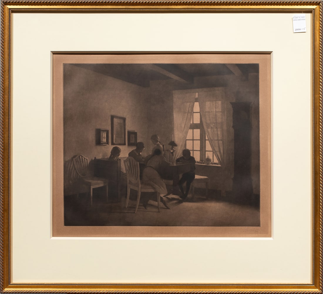 Print, Peter Ilsted: Peter Ilsted, (Danish, 1861-1933), Interior with Artist's Family, 1933, etching, stamped signature lower right, overall (with frame): 29"h x 31.5"w