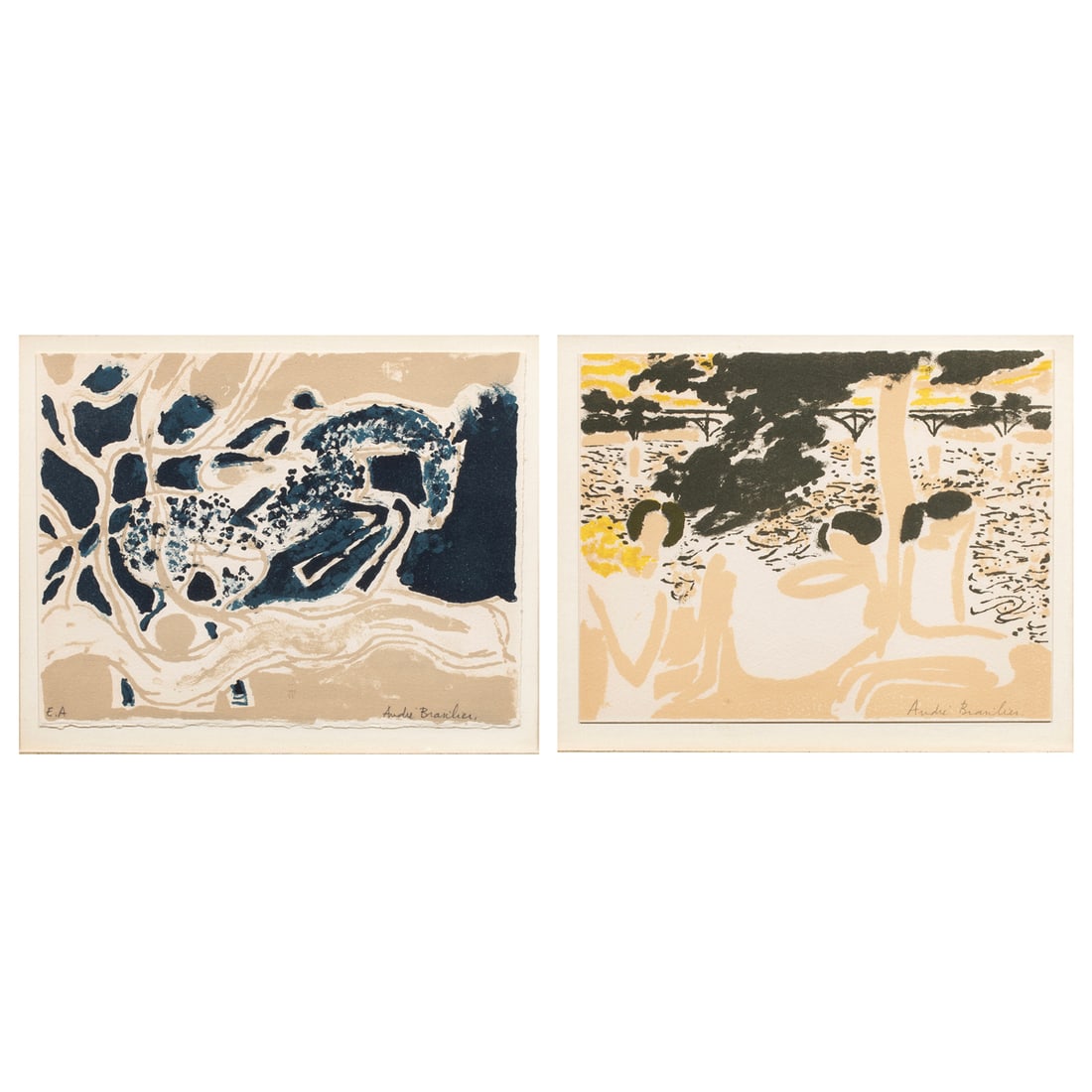 Prints, Andre Brasilier: (lot of 2) Andre Brasilier (French, b. 1929), Three Women on a Riverbank and Rider on Horseback, each lithograph, each signed in pencil lower right, second edition E.A., each sheet: 7.25"h x 9.25"w,