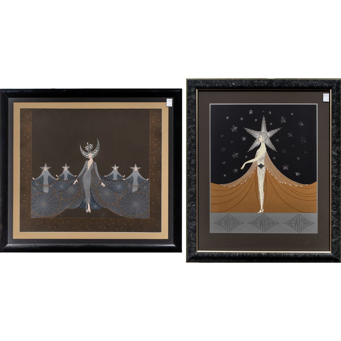 Prints, Erte: (lot of 2) Erte (French/Russian, 1892-1990), "Queen of the Night" and "New York, New York," serigraphs, one pencil signed lower right, overall (with frame, for larger): 37.5"h x 41.5"w