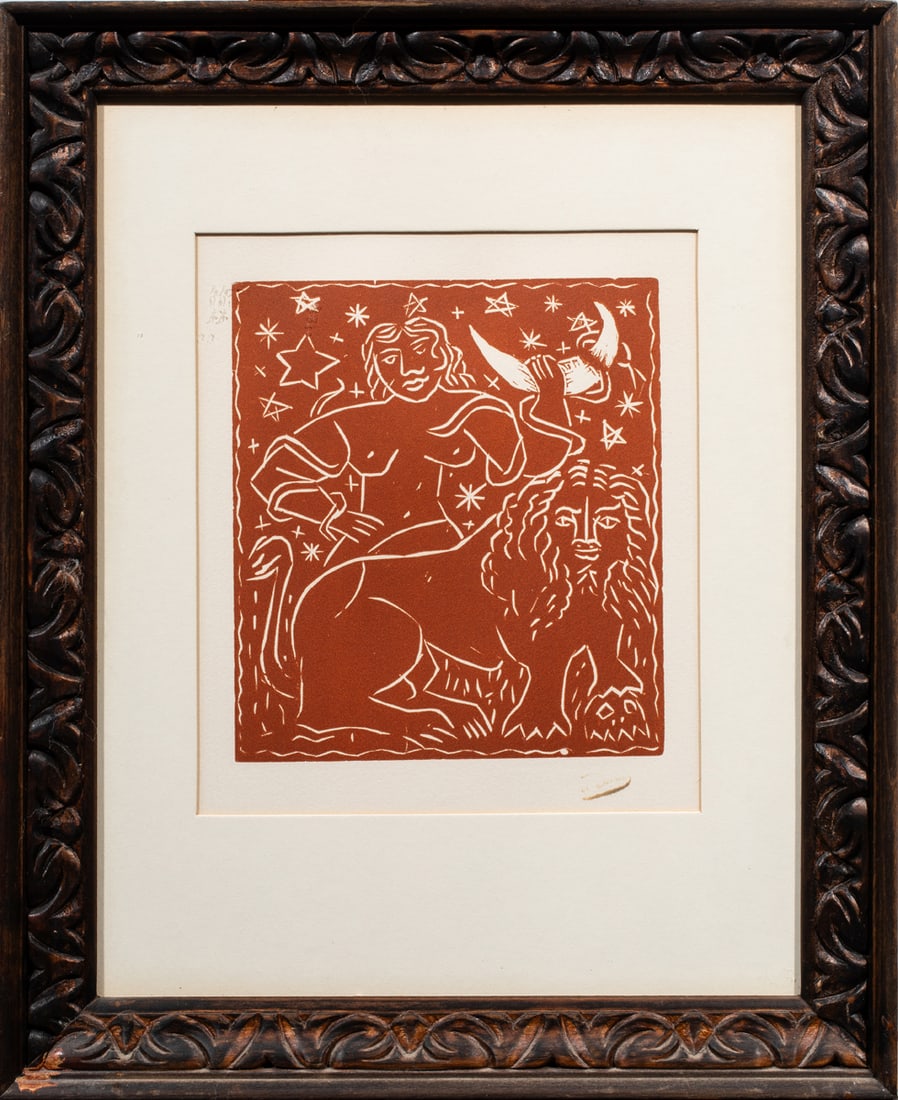 Print, Andre Derain: Andre Derain (French, 1880-1954), "Zodiac," woodblock, stamp signed lower right, overall (with frame): 16"h x 13"w