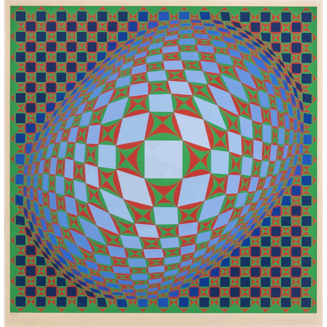 Print, Victor Vasarely: Victor Vasarely (Hungarian/French, 1906-1997), Untitled, screenprint, pencil signed lower right, edition 244/275, image: 23.5"h x 23.5"w, overall (with frame): 35"h x 33.5"w. Provenance: Clars