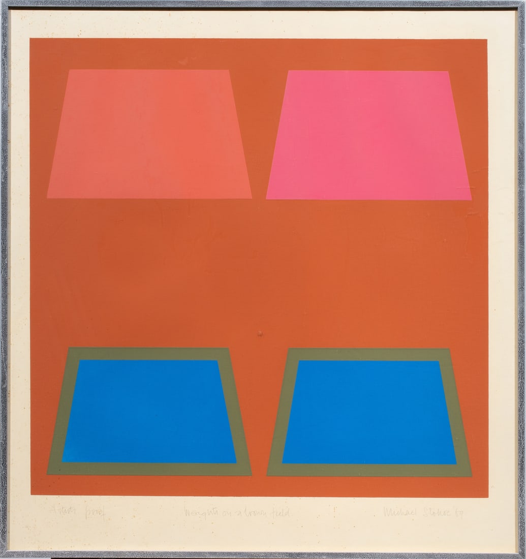 Print, Michael Stokoe: Michael Stokoe (British, 20th century), "Weights on a Brown Field," 1969, screenprint, pencil signed and dated lower right, titled lower center, edition AP, overall (with frame): 24"h x 22.75"w.