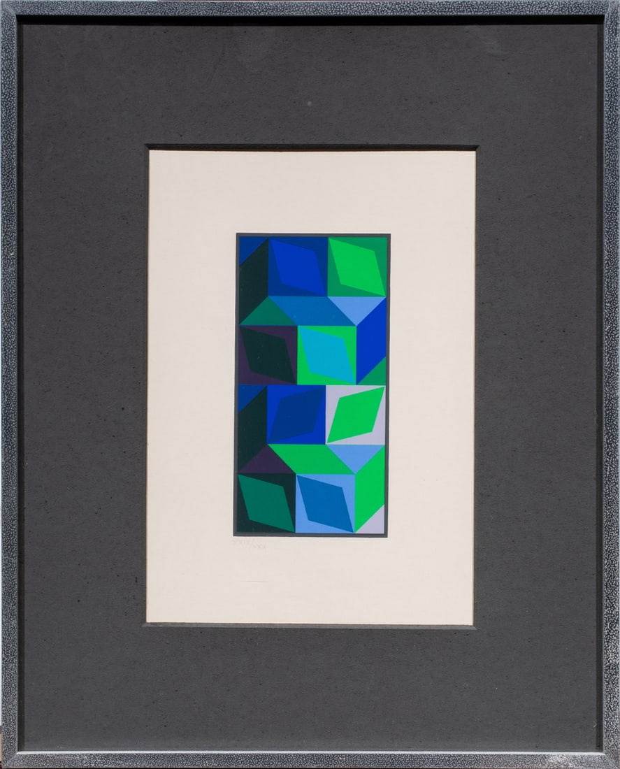Print, Victor Vasarely: Victor Vasarely (Hungarian/French, 1906-1997), "Blue Dome/Dom IV BR," color screnprint on paper, edition XXIX/XXX, overall (with frame): 15.25"h x 12.25"w. Provenance: From the Collection of Julian