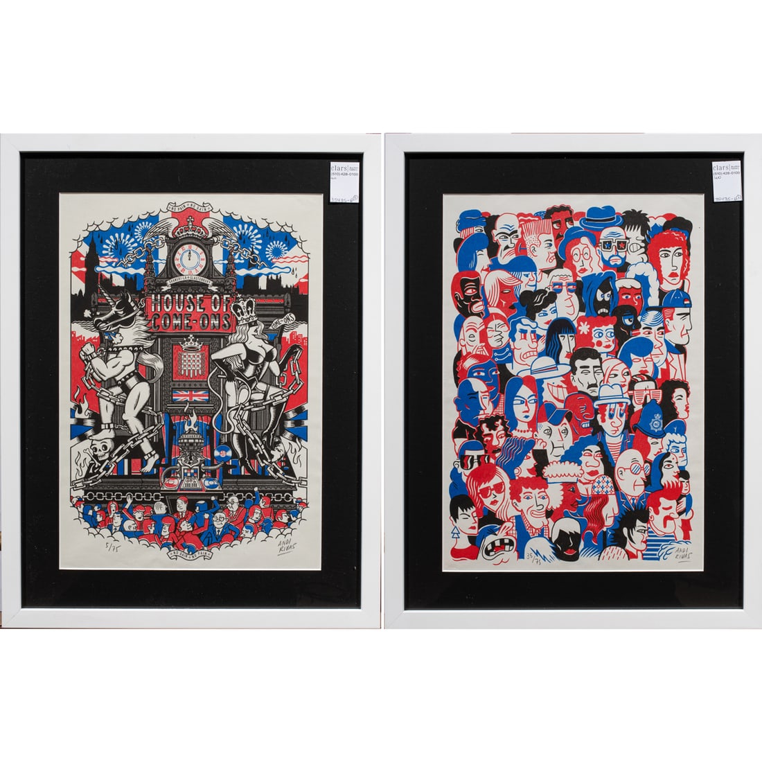 Prints, Andi Rivas: (lot of 2) Andi Rivas (Spanish, b. 1975), "UK People" and "House of Come-Ons," 2019, risographs in colors on everglade paper, each pencil signed lower right, first edition 35/75, second edition 5/75,