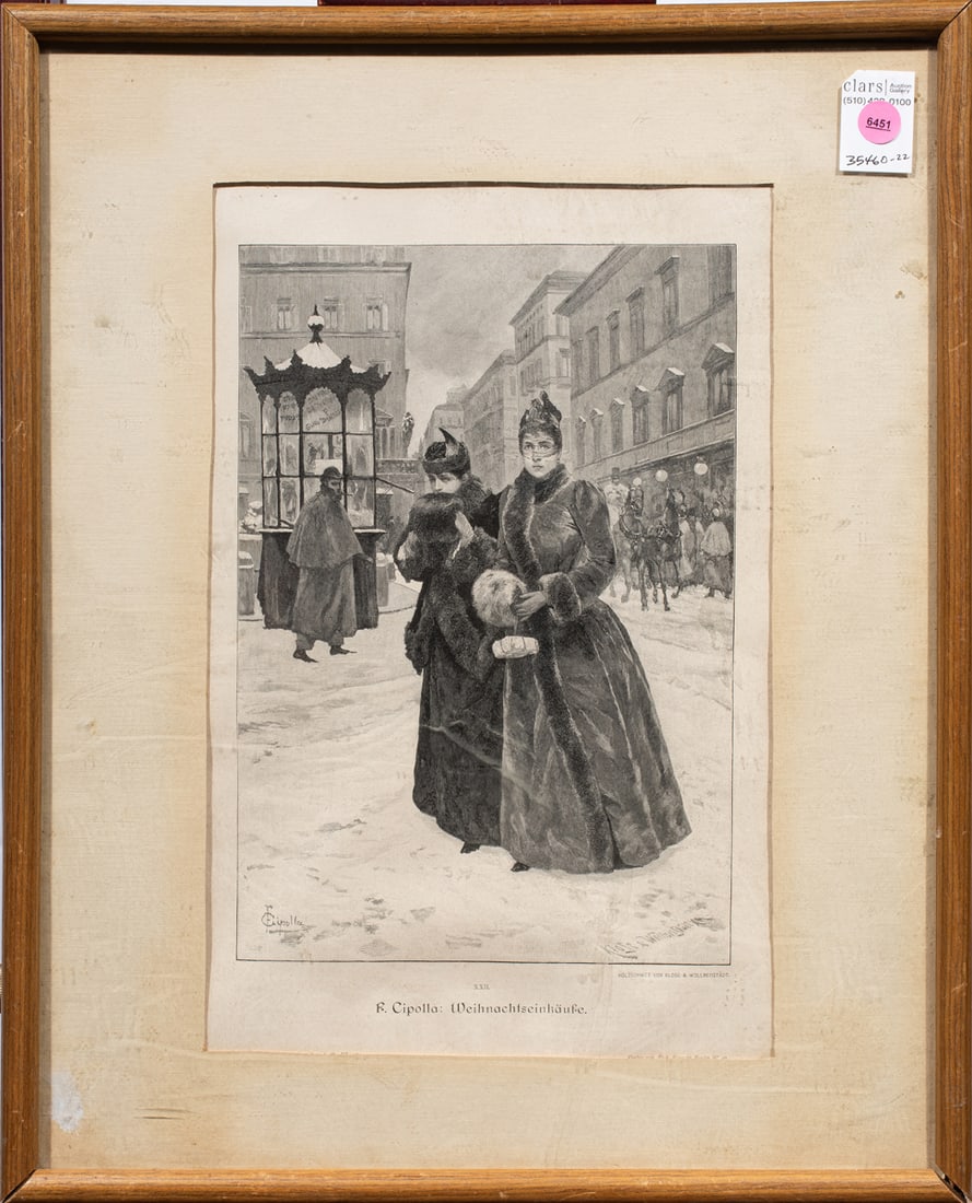 Print, European School (19th/20th century): European School (19th/20th century), "Weinachtseinkaufe," engraving, overall (with frame): 21"h x 17"w