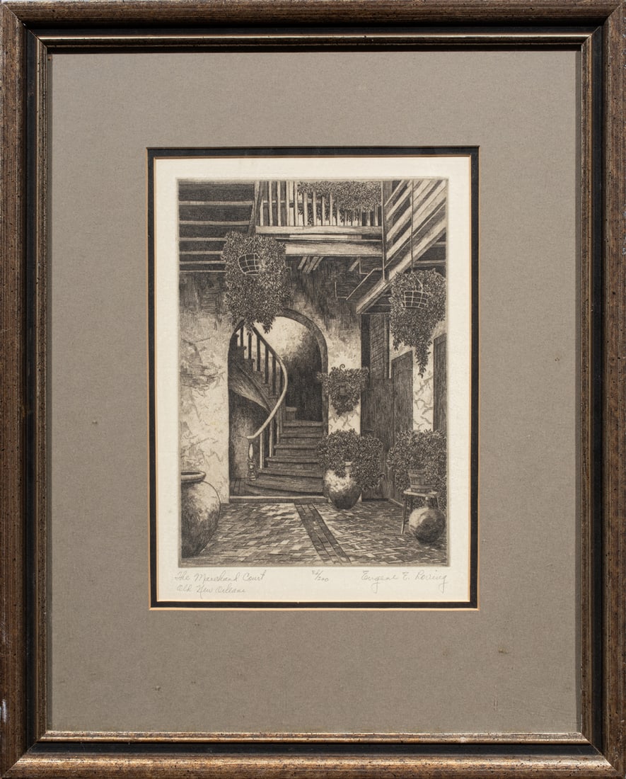 Print, Eugene Loving: Eugene Loving (American, 1907-1971), Marchand Courtyard, French Quarter, New Orleans, etching, pencil signed and titled lower margin, edition of 200, overall (with frame): 17.75"h x 14.25"w.