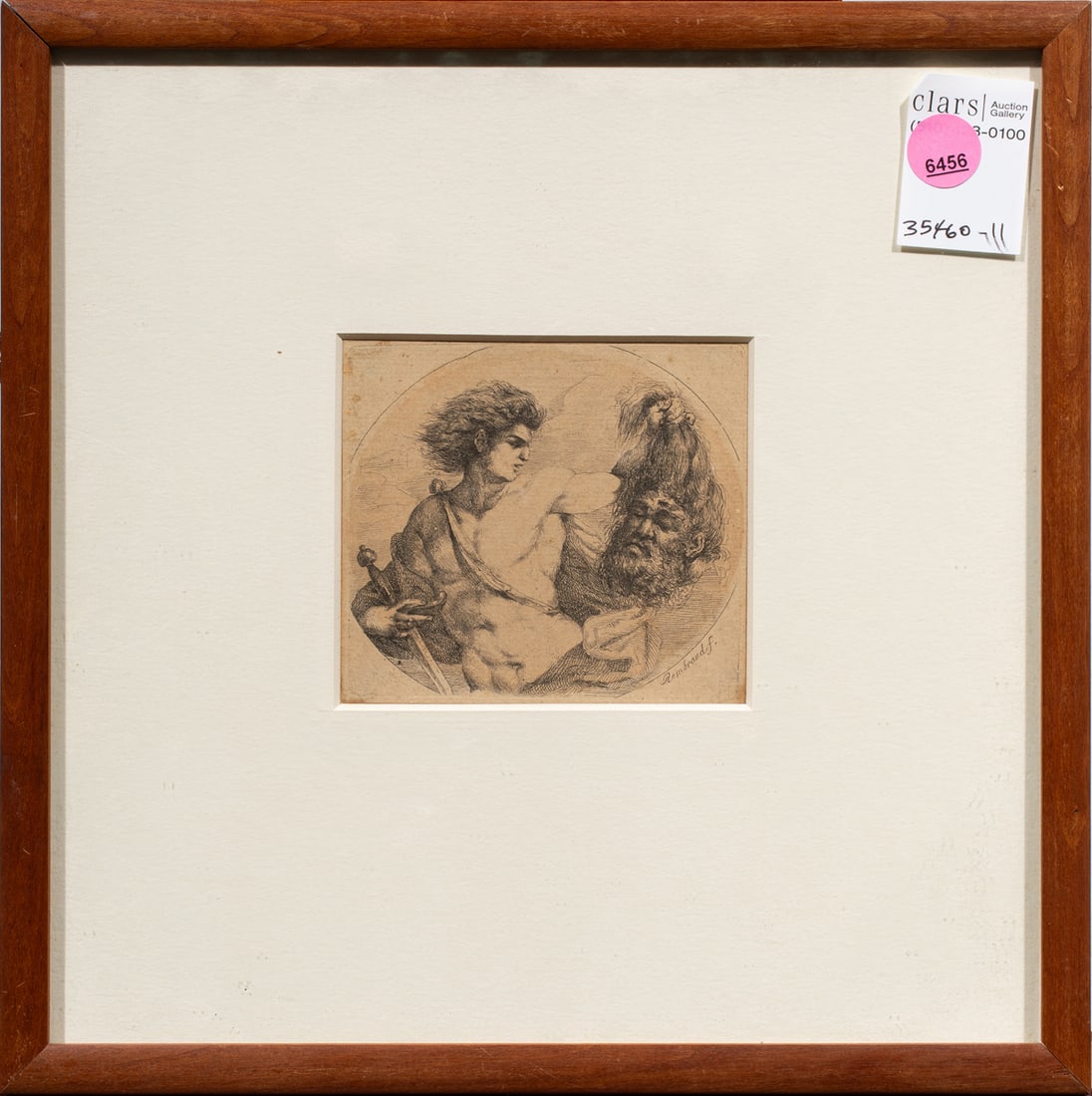 Print, Follower of Rembrandt van Rijn: Follower of Rembrandt van Rijn (Dutch, 1606?1669), David and Goliath, etching, 19th century, overall (with frame): 11"h x 11"w