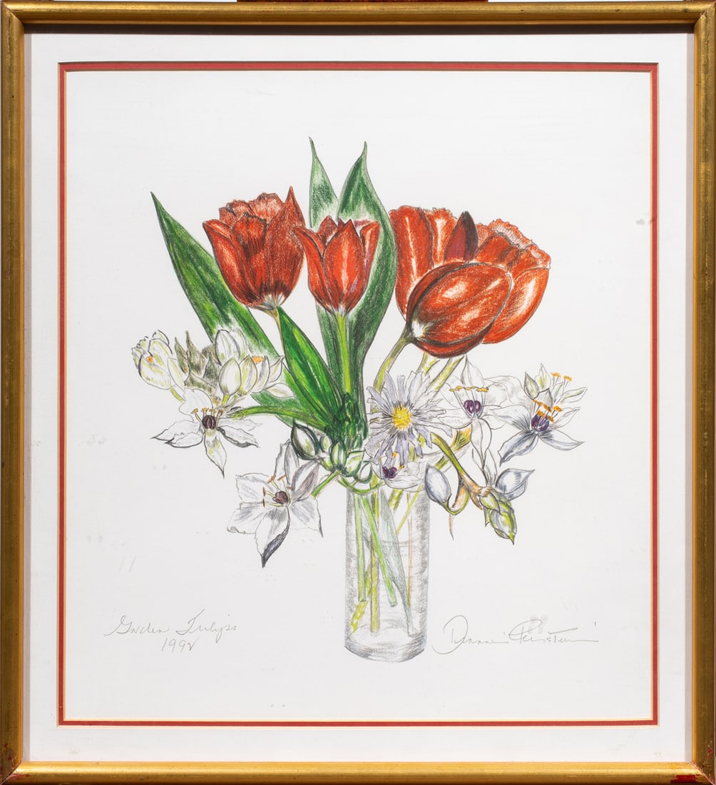 Print, Dianne Feinstein: Dianne Feinstein (American, 1933-2023), "Garden Tulips," 1992, offset lithograph, pencil signed lower right, titled and dated lower left, Feinstein's senatorial business card affixed verso, overall