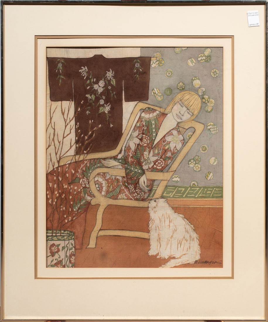 Batik, Martha Swanger: Martha Swanger (American, 20th century), Interior Scene with Woman and Cat, design in batik, ink signed lower right, overall (with frame): 37"h x 30"w