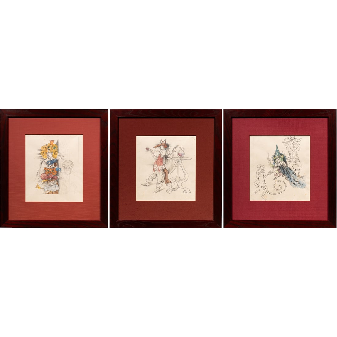 Works on paper, Ariel Parkinson: (lot of 3) Ariel Parkinson (American, 1926-2017), Costume Designs, mixed medias with ink and watercolor, overall (with frame, for each): 24.5"h x 23.25"w