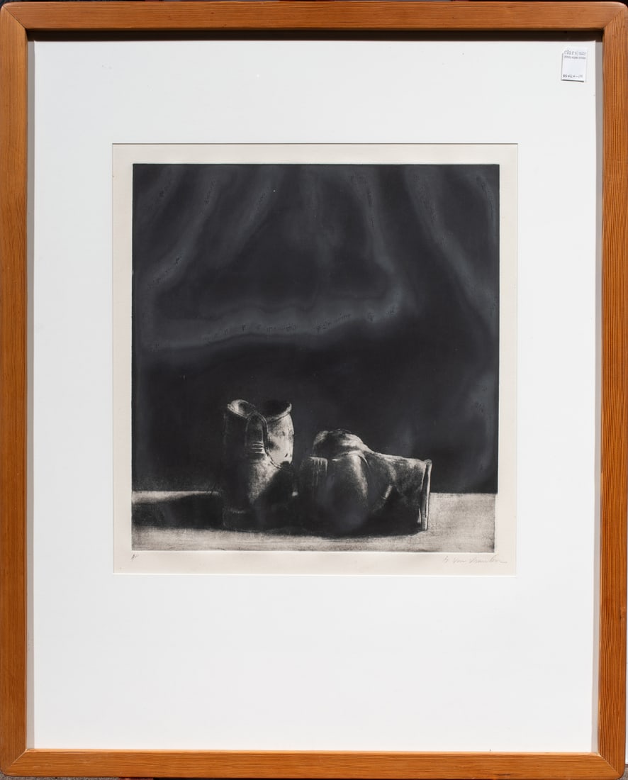 Print, Robert Van Vranken: Robert Van Vranken (American, b. 1960), "Boots," etching, pencil signed lower right, edition AP, overall (with frame): 42"h x 33.5"w