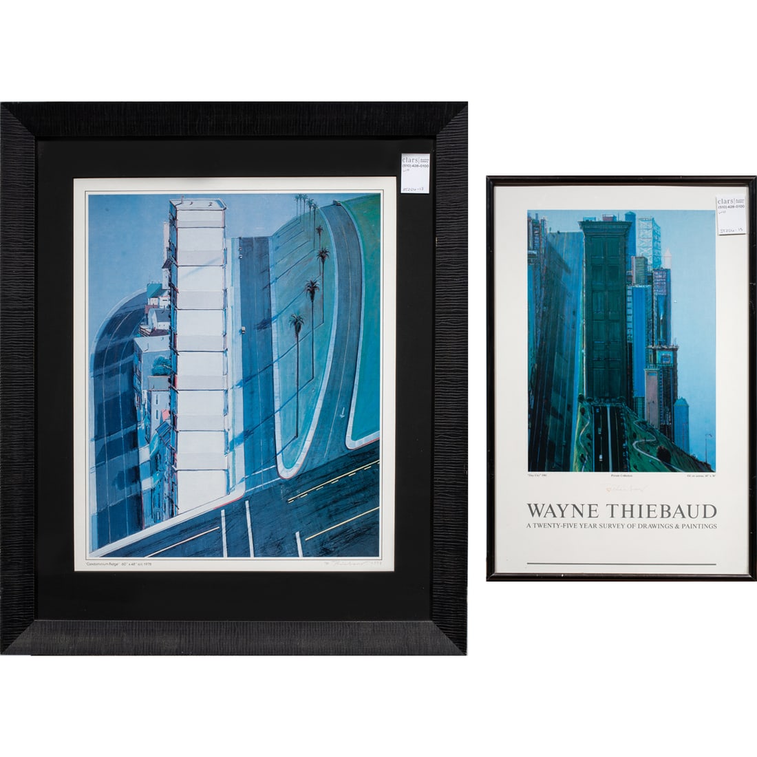 Signed Posters, Wayne Thiebaud: (lot of 2) Wayne Thiebaud (American, 1920-2021), "Condominium Ridge" and "Day City" Posters, offset prints, each pencil signed, overall (with frame, for larger): 24.75"h x 21"w