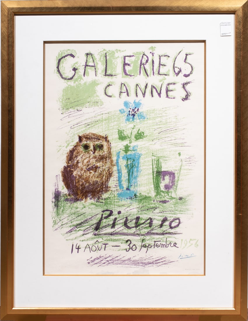 Print, Pablo Picasso: Pablo Picasso (Spanish, 1881-1973), "Galerie 65 Cannes" Exhibition Poster, color lithograph, printed by Mourlot Paris, overall (with frame): 37.5"h x 29"w