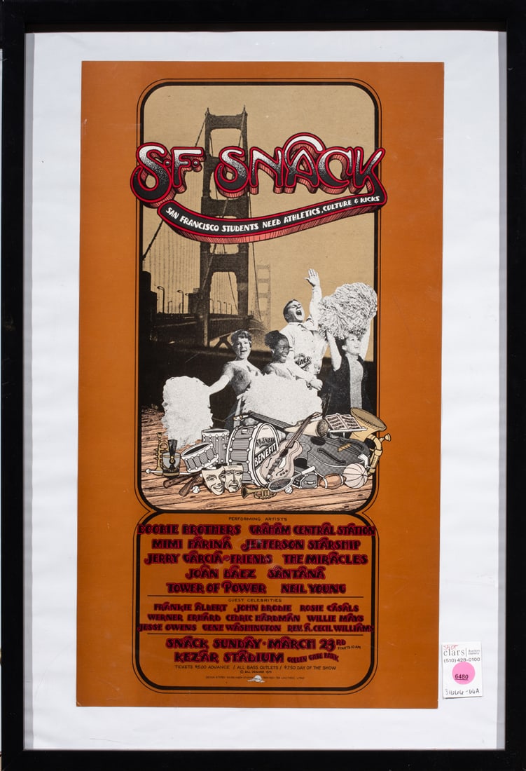 Print, American School (20th century): American School (20th century), S.F. Snack Concert Poster featuring Doobie Brothers, Jefferson Starship, Jerry Garcia, Joan Baez, Santana, Neil Young, 1975, poster print, overall (with frame): 25"h x