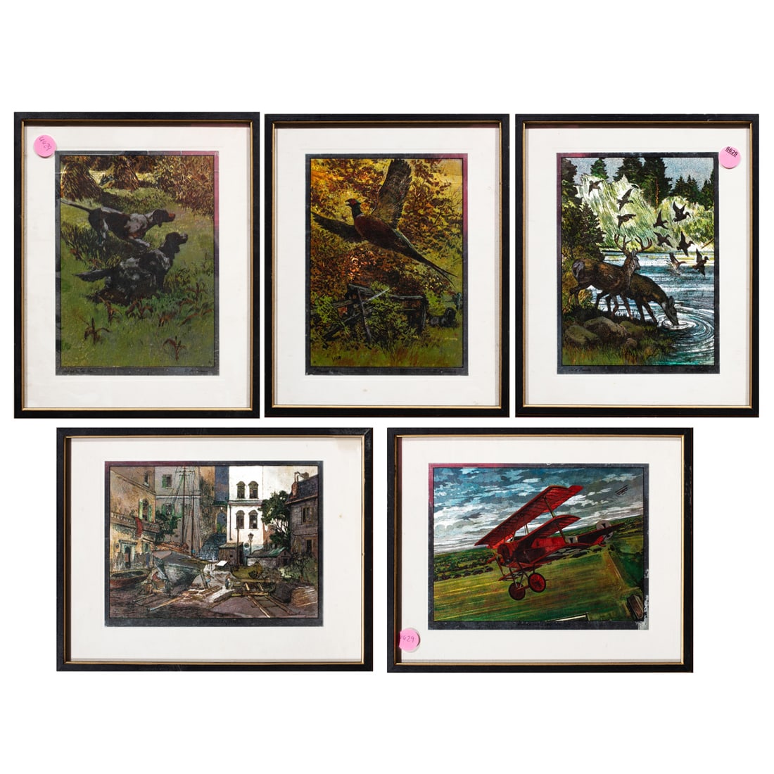 Prints, Reinhold H. Palenske: (lot of 5) Reinhold H. Palenske (American, 1884-1954), Untitleds, metallicized reprints, artist name printed lower right, overall (with frame, for each): 10.5"h x 8.5"w