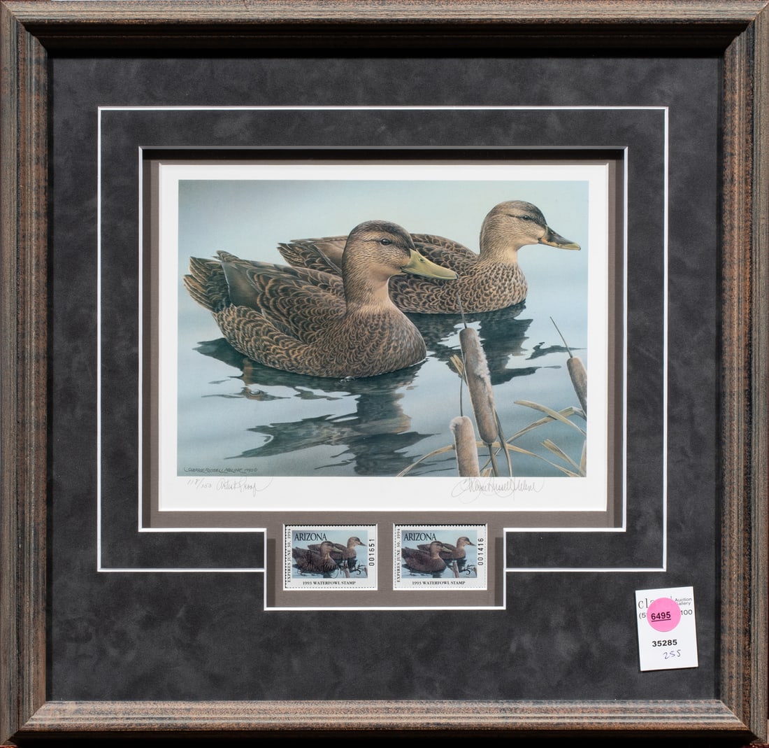 Print and Stamps, Sherrie Russell Meline: Sherrie Russell Meline (American, 20th century), Arizona Waterfowl, stamps and print, print pencil signed lower right, edition AP 118/150, overall (with frame): 16.5"h x 17"w