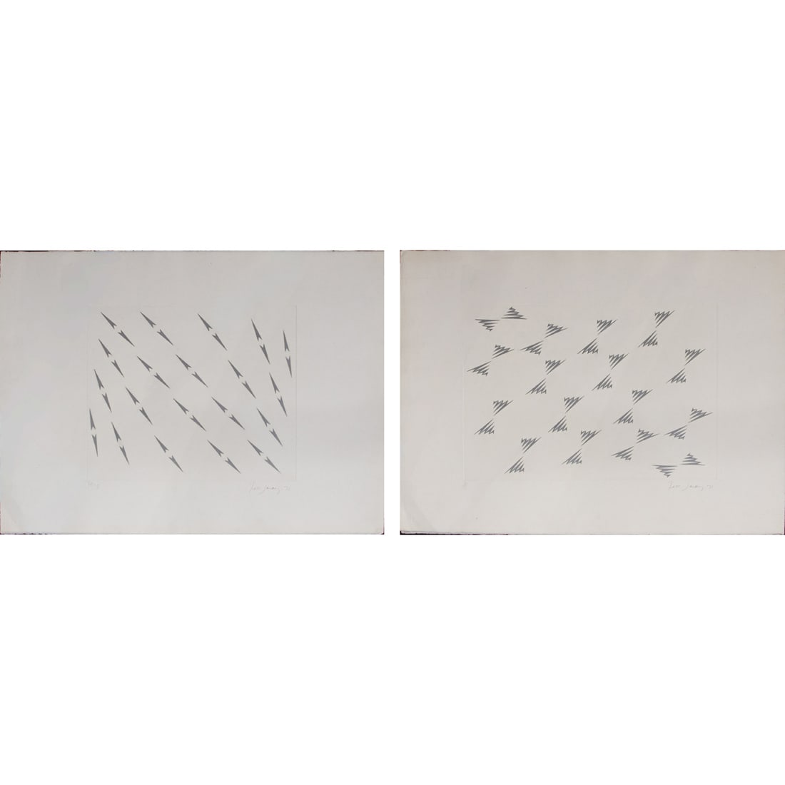 Prints, Tess Jaray: (lot of 2) Tess Jaray (British, b. 1937), Untitleds, 1971, etchings, each pencil signed and dated lower margin, editions HC 1/5 and 1/50, sheet (overall, for each): 23"h x 31"w