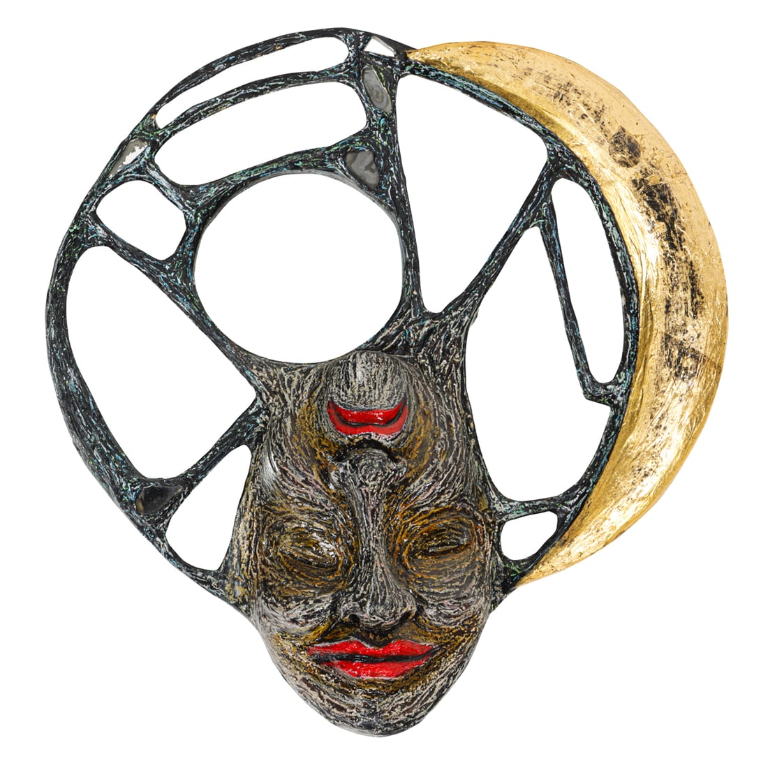 Sculpture, William Rhodes: William Rhodes (American b. 1966), "Moods and Emotions," 2007, hand carved wood, mirrored glass, acrylic and gold leaf, signed, titled and dated verso, overall: 17.5"h x 16.5"w x 4"d