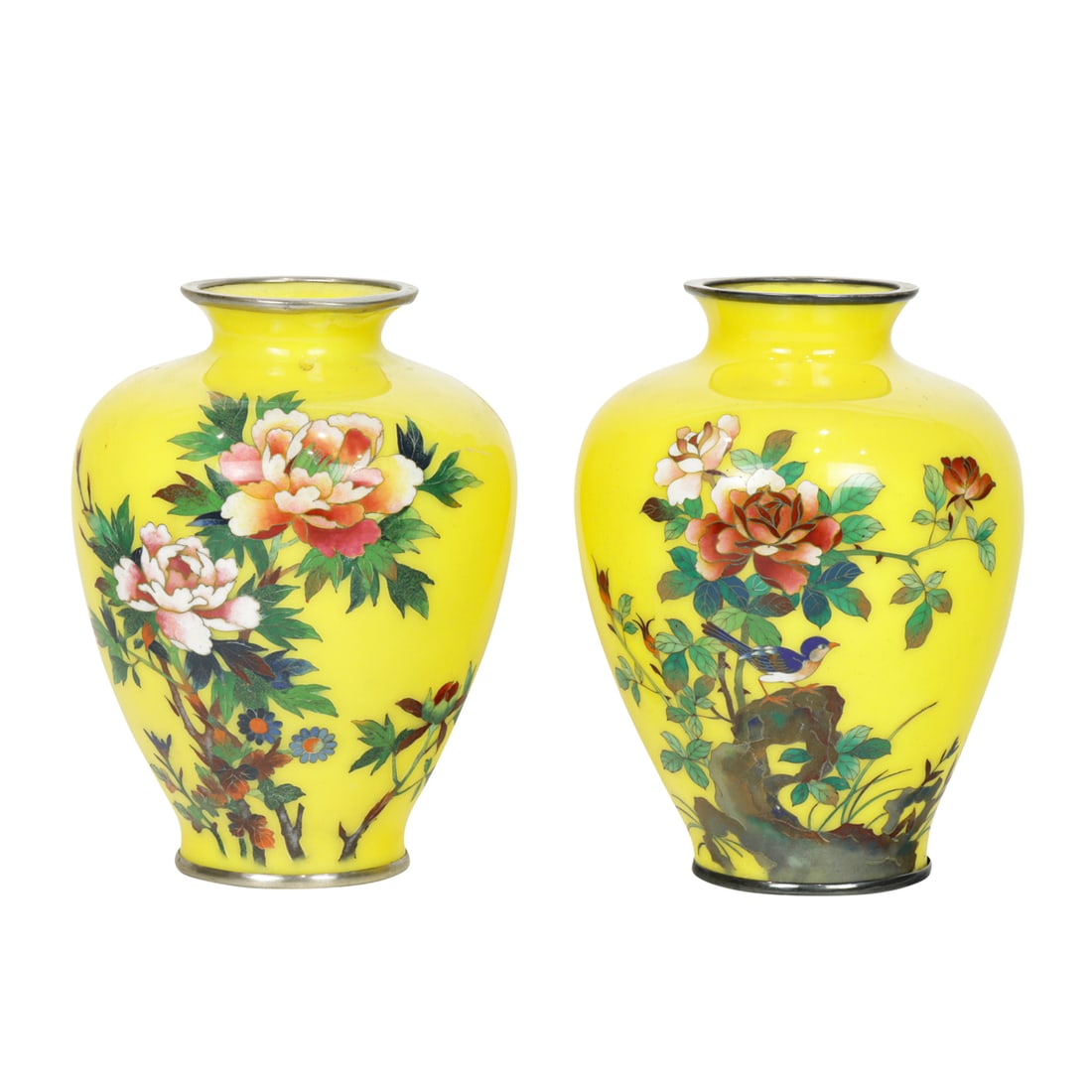 (lot of 2) Japanese yellow ground cloisonne vases: (lot of 2) Japanese yellow ground cloisonne vases. Depicting birds and peony design, 5.875" high.