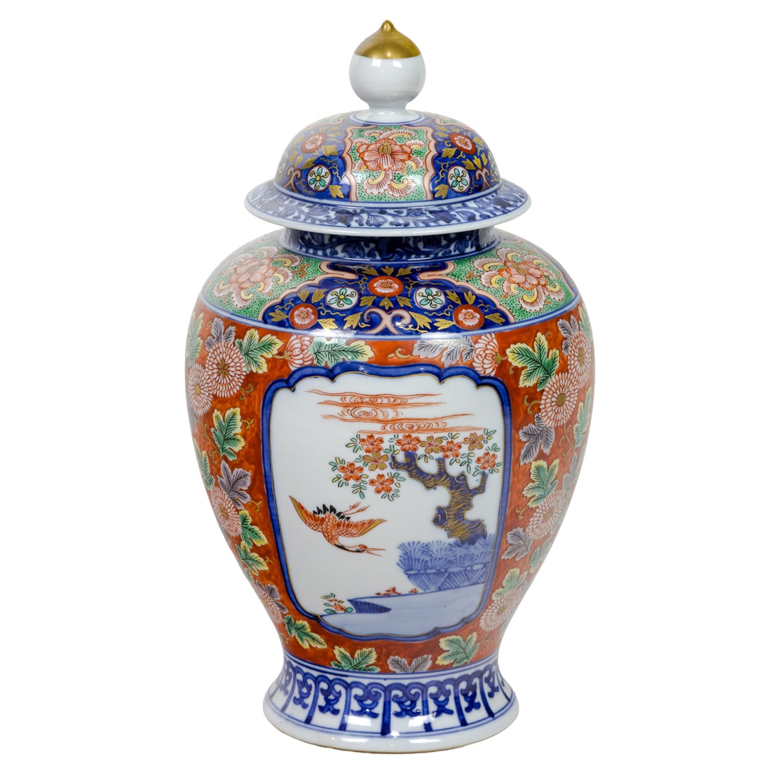 A Japanese Imari lidded jar: A Japanese Imari lidded jar. Featuring bird and floral design, 13.5" high.