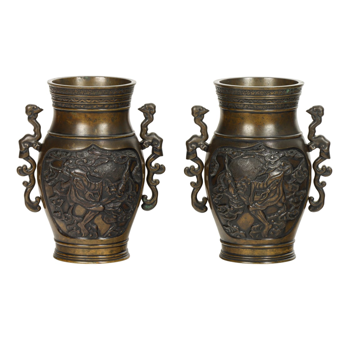 A Pair of Japanese bronze vases: A Pair of Japanese bronze vases. Meiji period, 7.25" high.