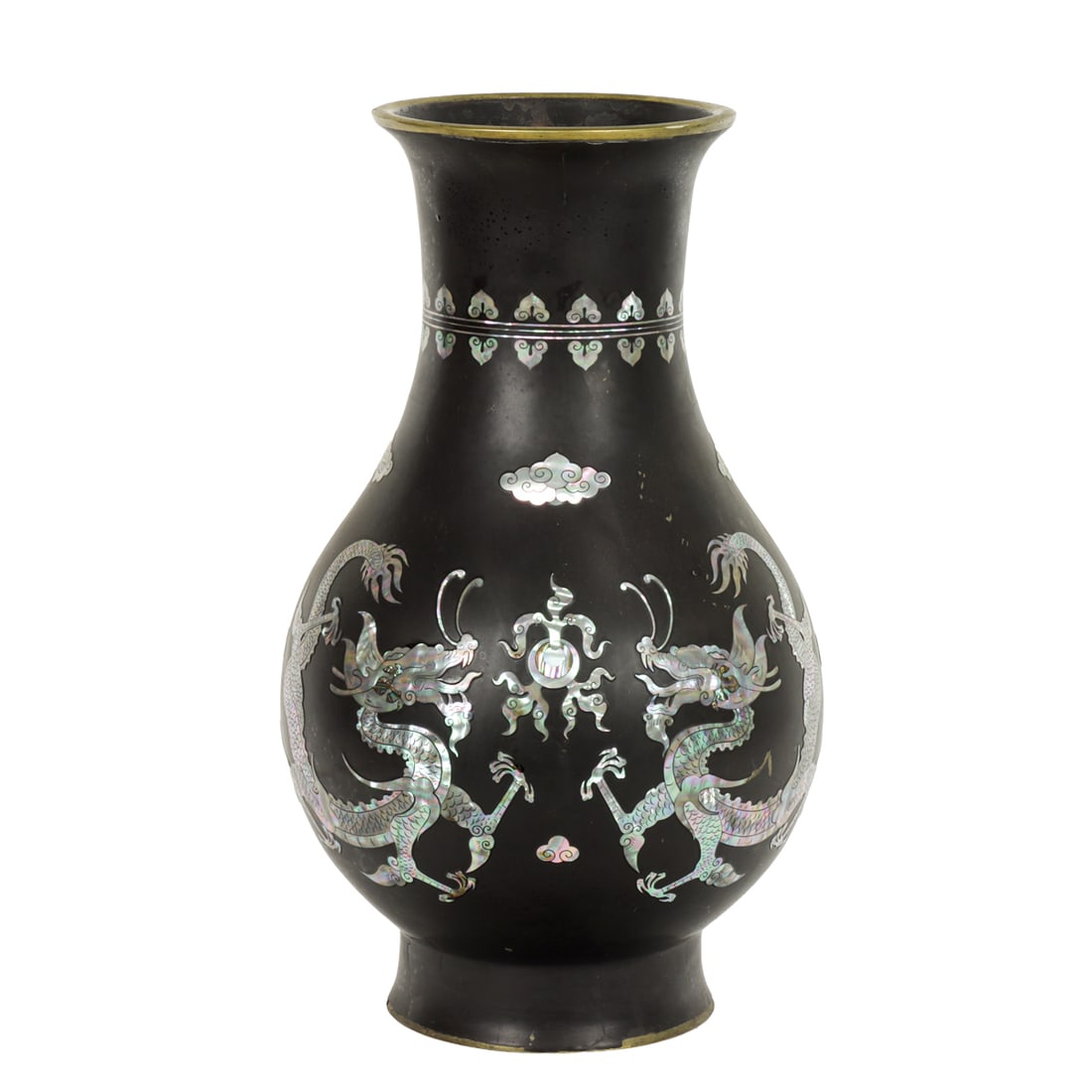 A Chinese mother-of-pearl inlaid bronze vase: A Chinese mother-of-pearl inlaid bronze vase. Featuring four-claw dragon chasing flaming pearl, 15.5" high.