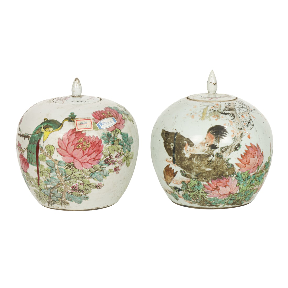 (lot of 2) Chinese famille rose melon-form jars: (lot of 2) Chinese famille rose melon-form jars. Depicting peonies motif, early 20th century, 9,375" high.