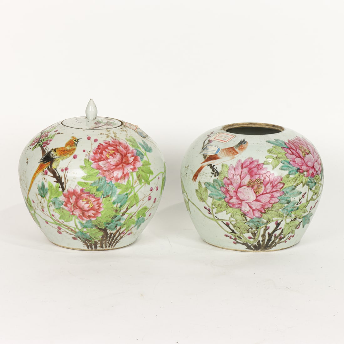 (lot of 2) Chinese famille rose melon-form jars: (lot of 2) Chinese famille rose melon-form jars. Depicting peony and bird motif, early 20th century, 8.75" tallest.