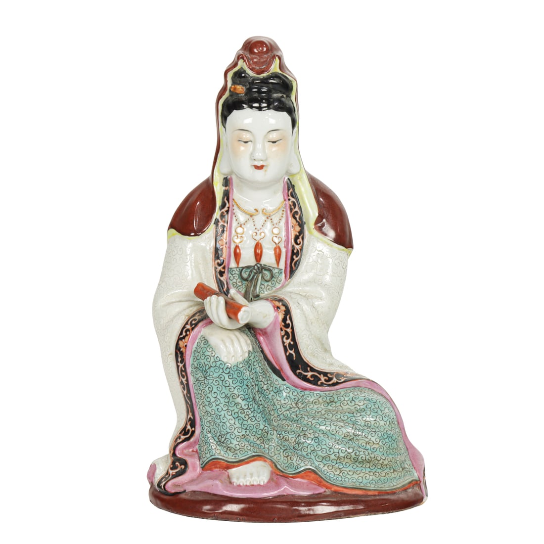 A Chinese famille rose figure of Guanyin: A Chinese famille rose figure of Guanyin. Bearing 'Fujian Huiguan Youchang Zizao' four-character mark, 9.75" high.