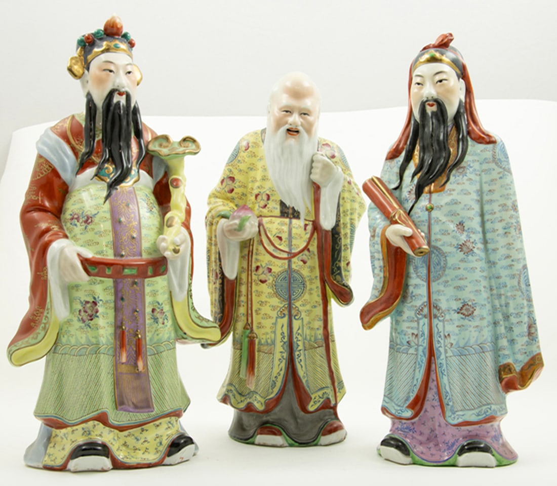 (lot of 3) Chinese famille rose star gods: (lot of 3) Chinese famille rose star gods. 16.625" tallest.