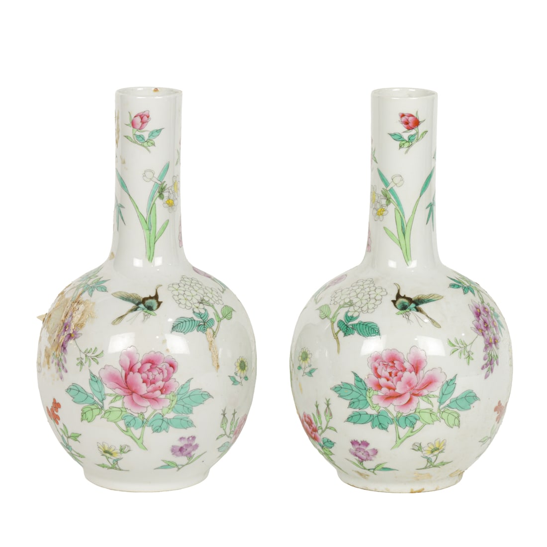 A pair of Chinese famille rose vases: A pair of Chinese famille rose vases. Bearing Qianlong four-character mark, 20th century, 9.6" high.