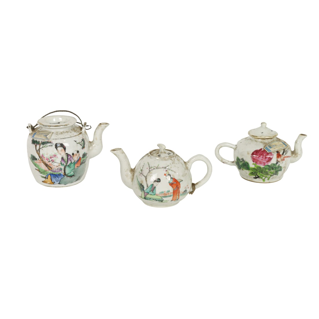 (lot of 3) Chinese famille rose teapots: (lot of 3) Chinese famille rose teapots. Featuring figural motif, Republic period, 3.75" high.