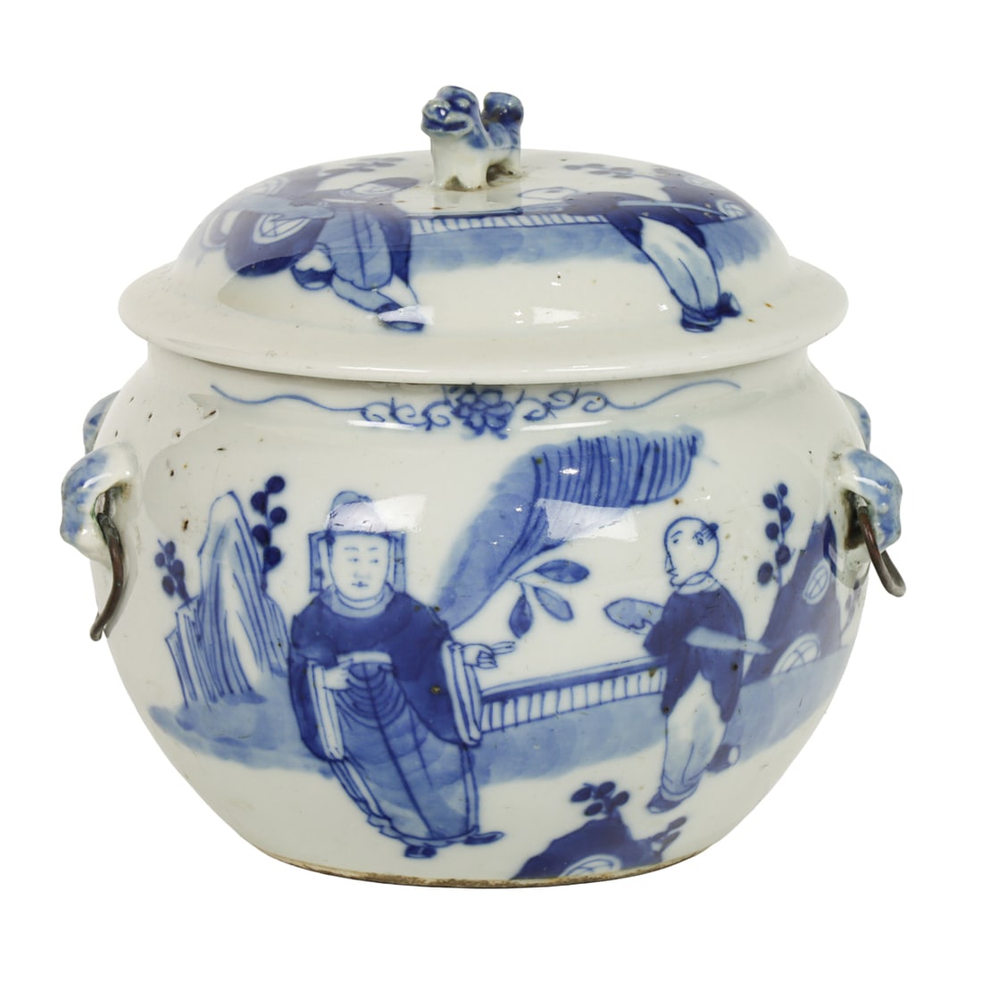 A Chinese blue and white jar and cover: A Chinese blue and white jar and cover. Depicting figures in the garden setting, early 20th century, 5.25" high.